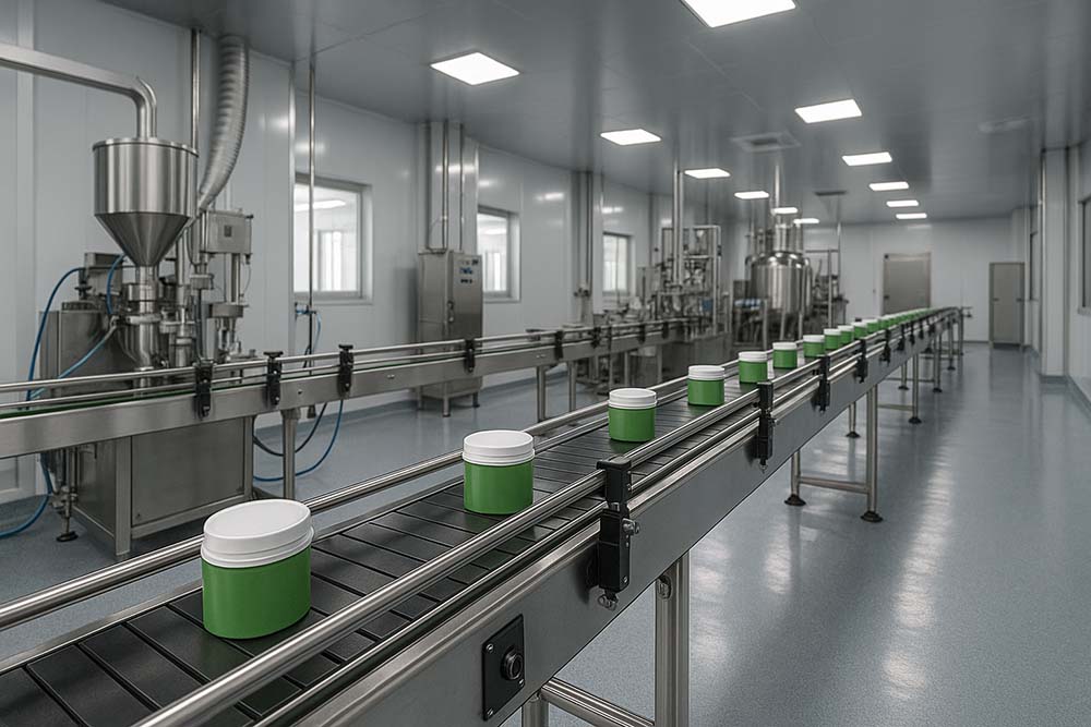 Atelier de production de cire capillaire propre et moderne avec une ligne de convoyage en acier inoxydable transportant des conteneurs verts, sous un éclairage lumineux dans un environnement industriel.